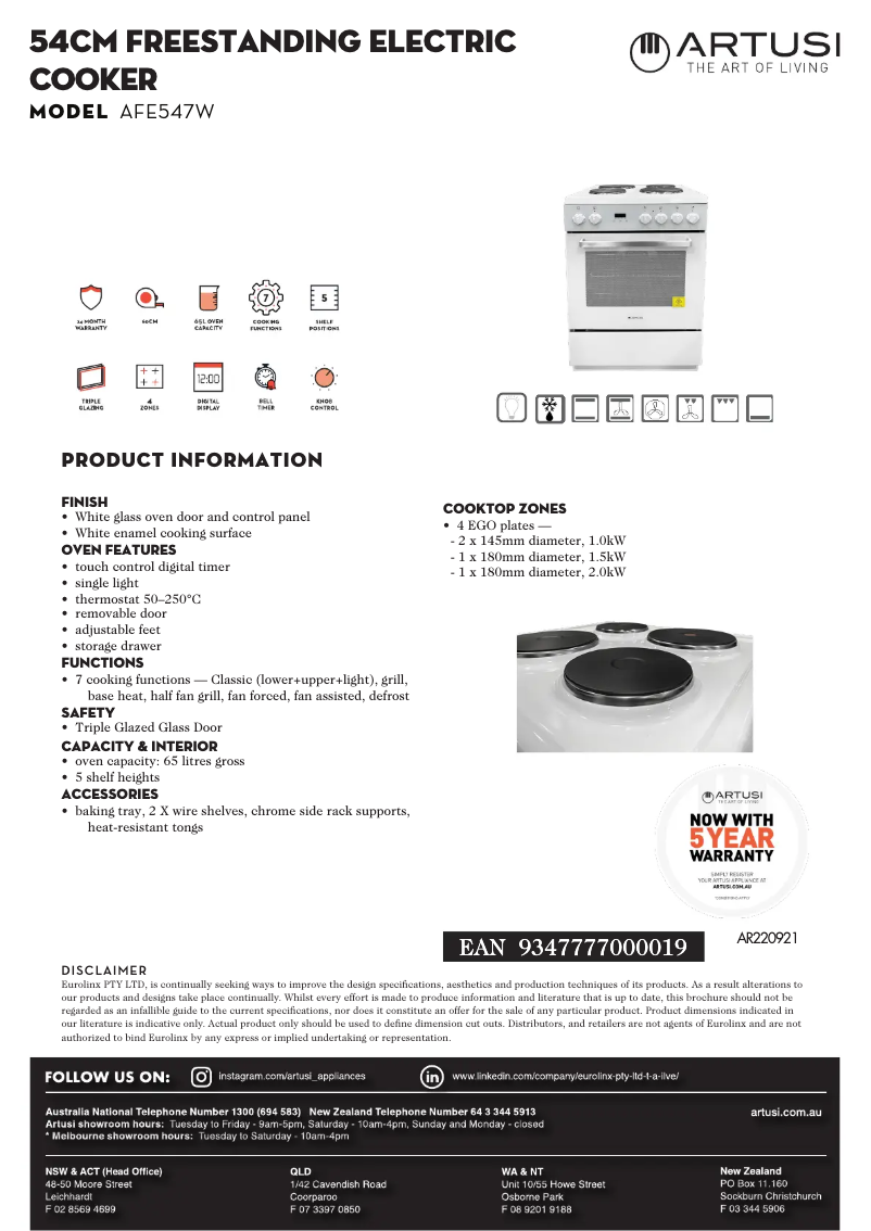 Página 1 del manual Ficha técnica Artusi AFE547W