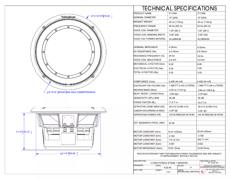 Página 1 del manual Ficha técnica Rockford Fosgate Punch P110S8