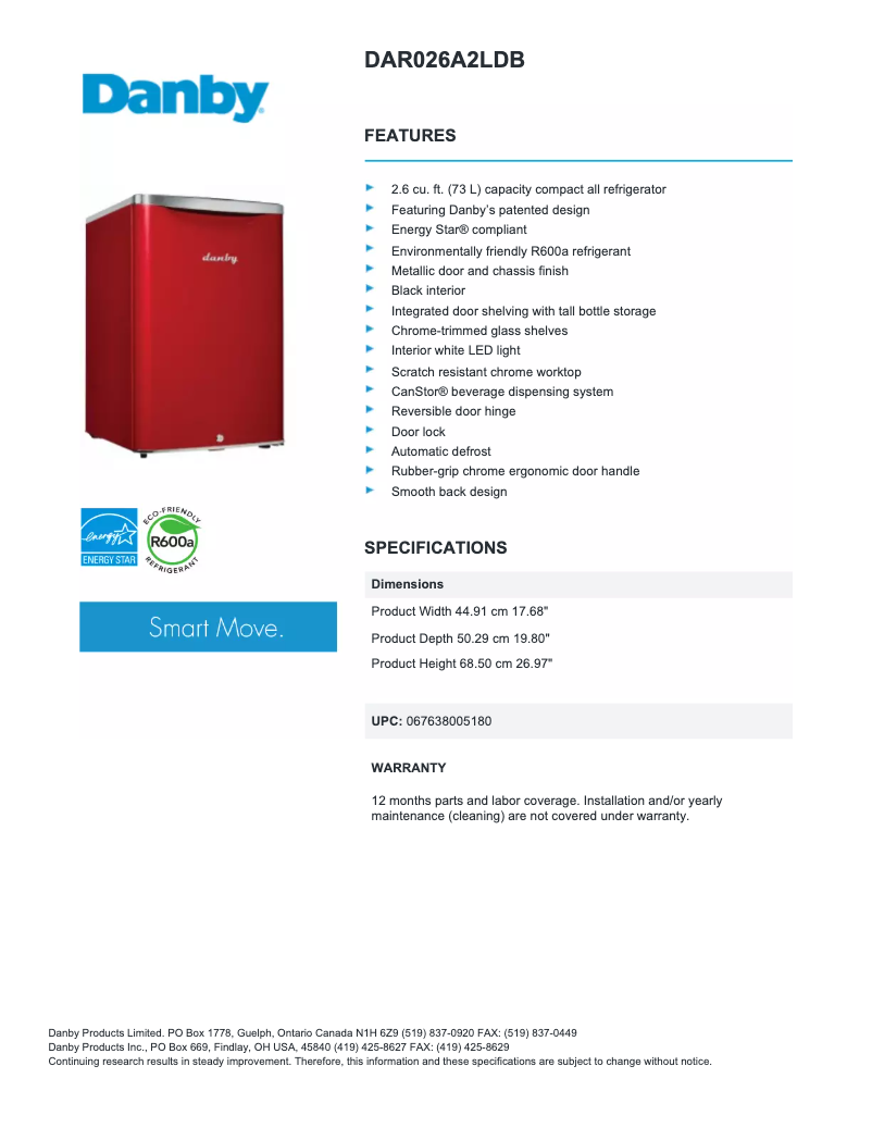 Página nº 1 - Ficha técnica Danby DAR026A2