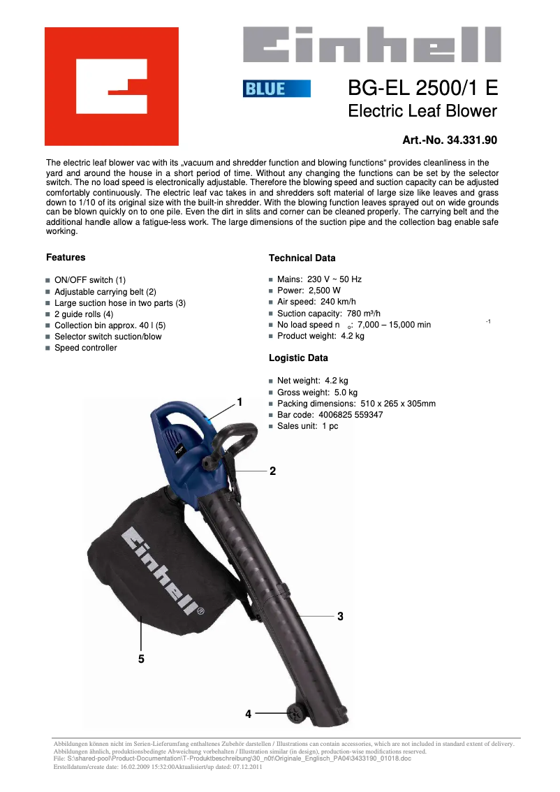 Página 1 del manual Manual de usuario Einhell BG-EL 2500/1E