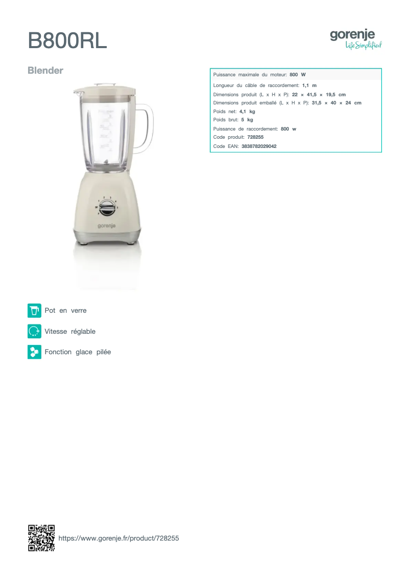 Página 1 del manual Ficha técnica Gorenje B800RL