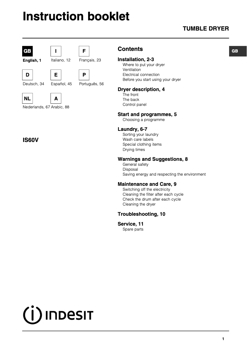 Página 1 del manual Manual de usuario Indesit IS 60 V (EX) PAI