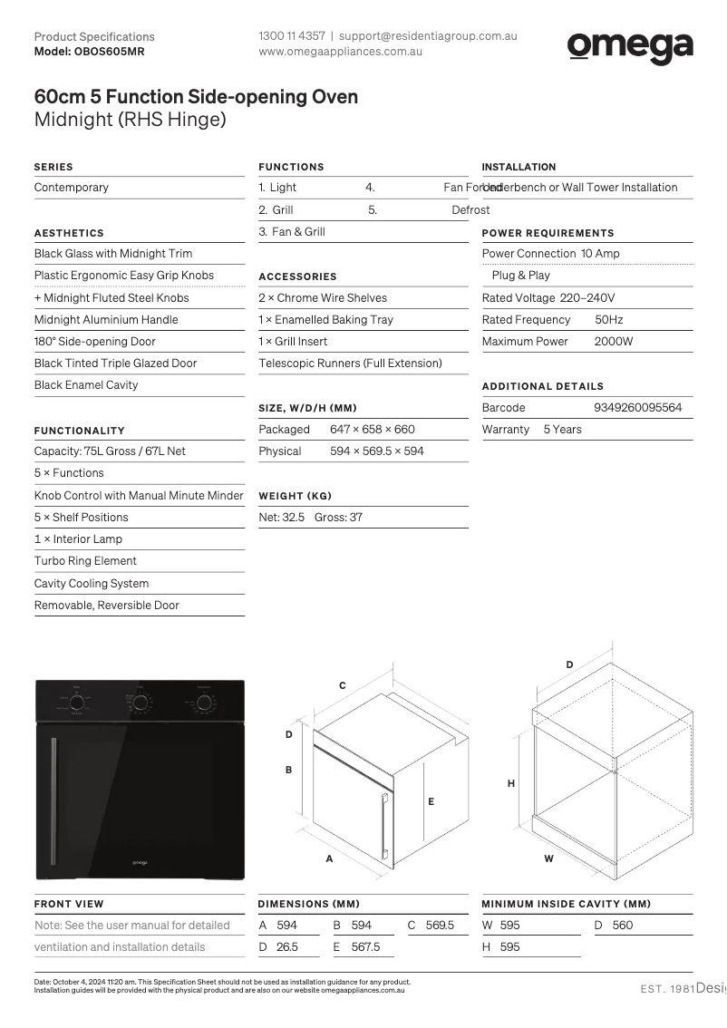 Página 1 del manual Ficha técnica Omega OBOS605MR