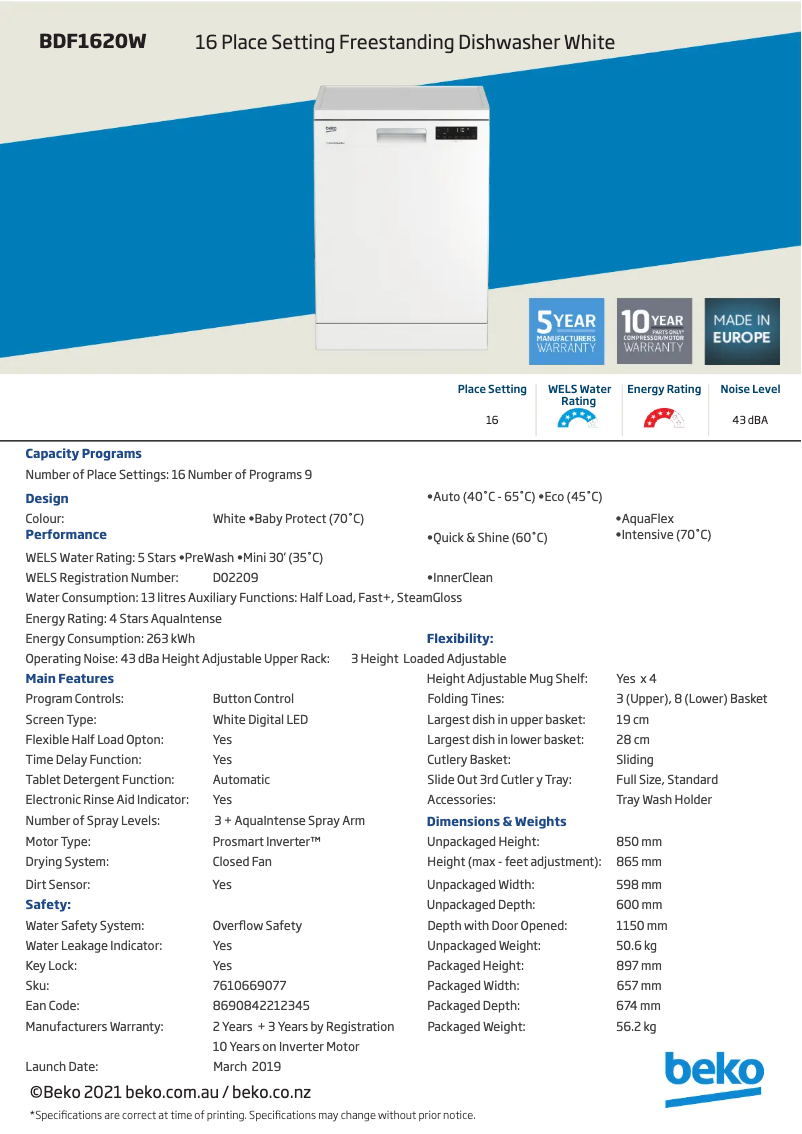 Página 1 del manual Ficha técnica Beko BDF1620W