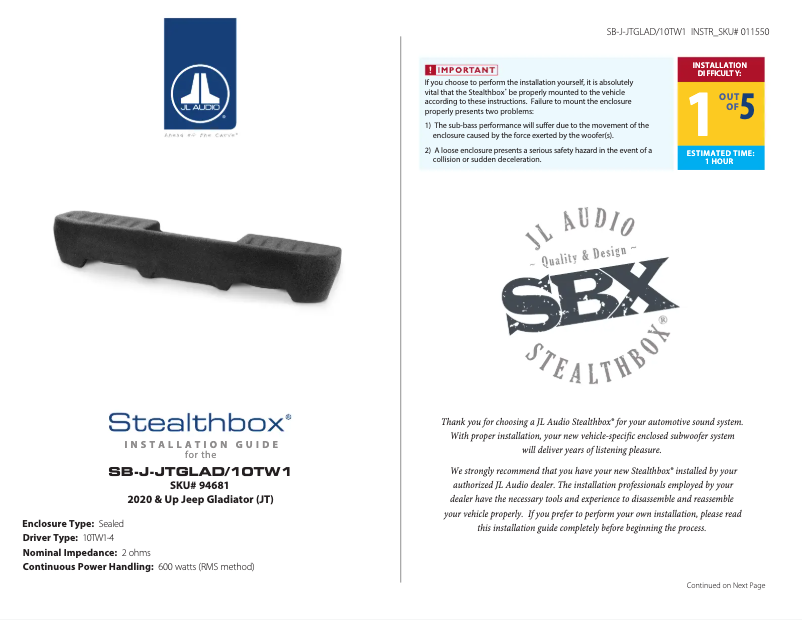 Imagen de la primera página del manual del dispositivo Stealthbox SB-J-JTGLAD/10TW1