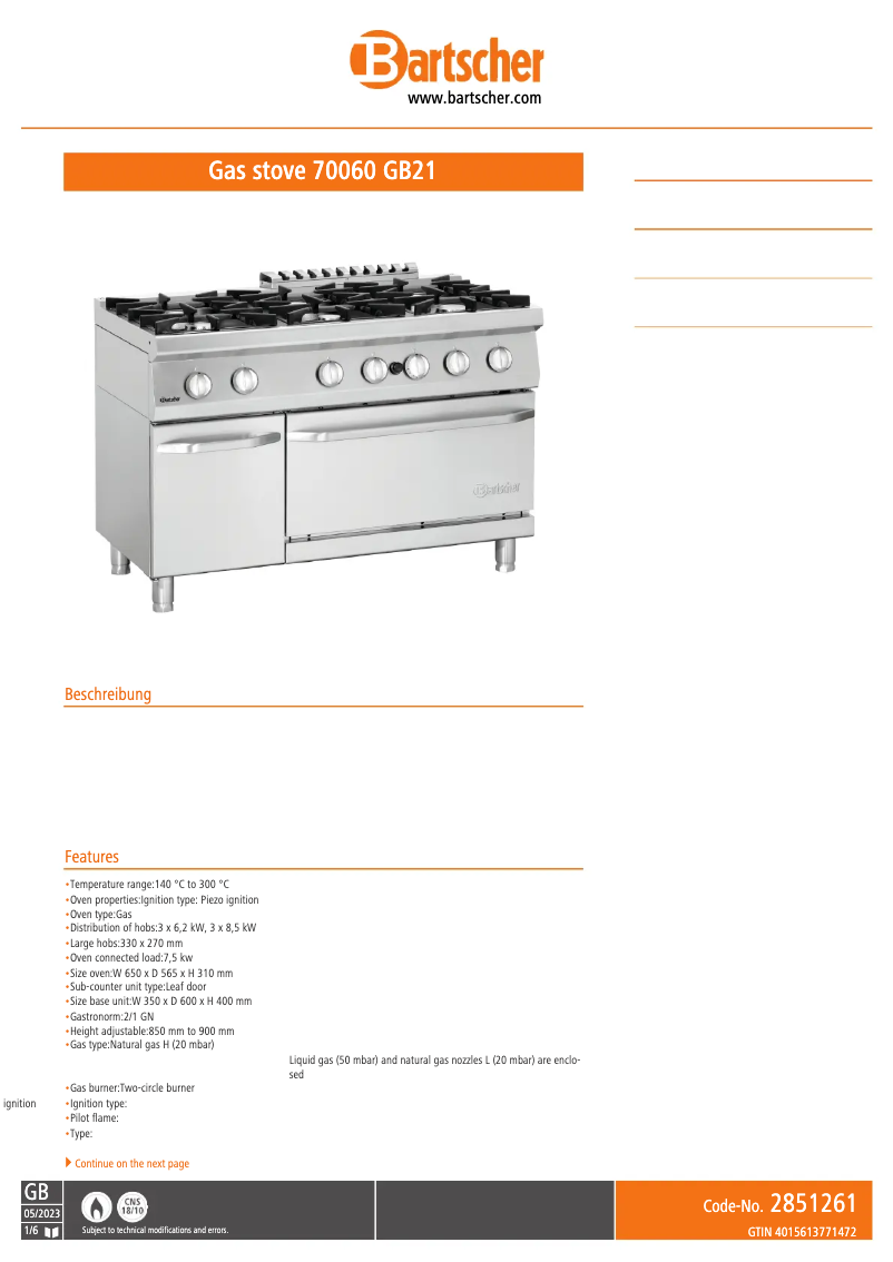 Página 1 del manual Ficha técnica Bartscher 2851261