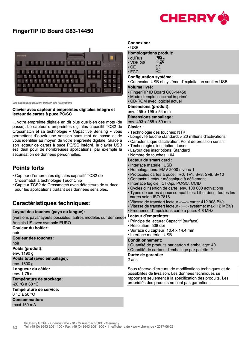 Página 1 del manual Ficha técnica Cherry FingerTIP ID Board G83-14450