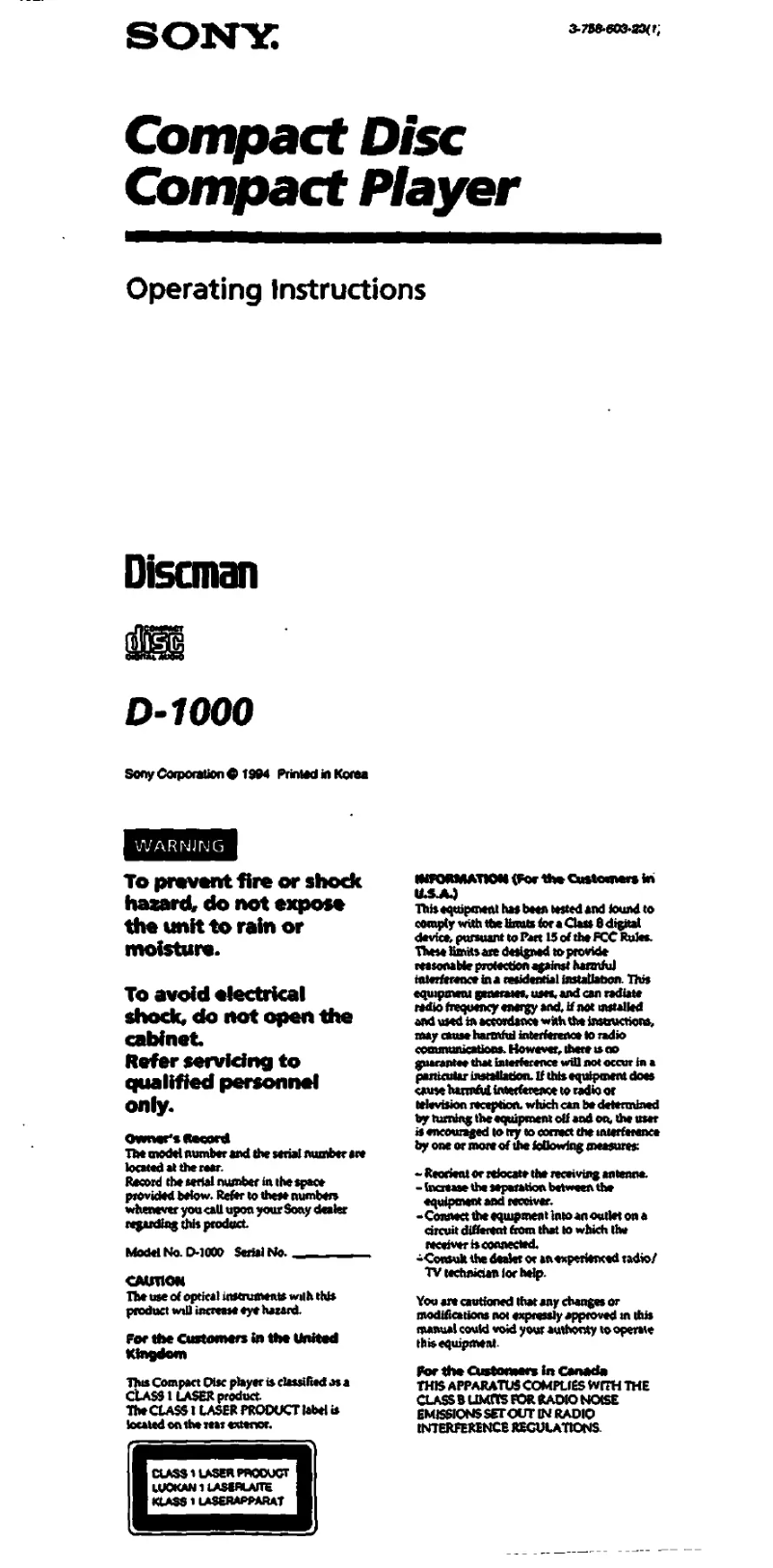 Página 1 del manual Manual de usuario Sony Discman D-1000