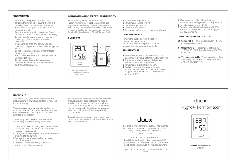 Imagen de la primera página del manual del dispositivo Hygro+Thermometer DXHM01