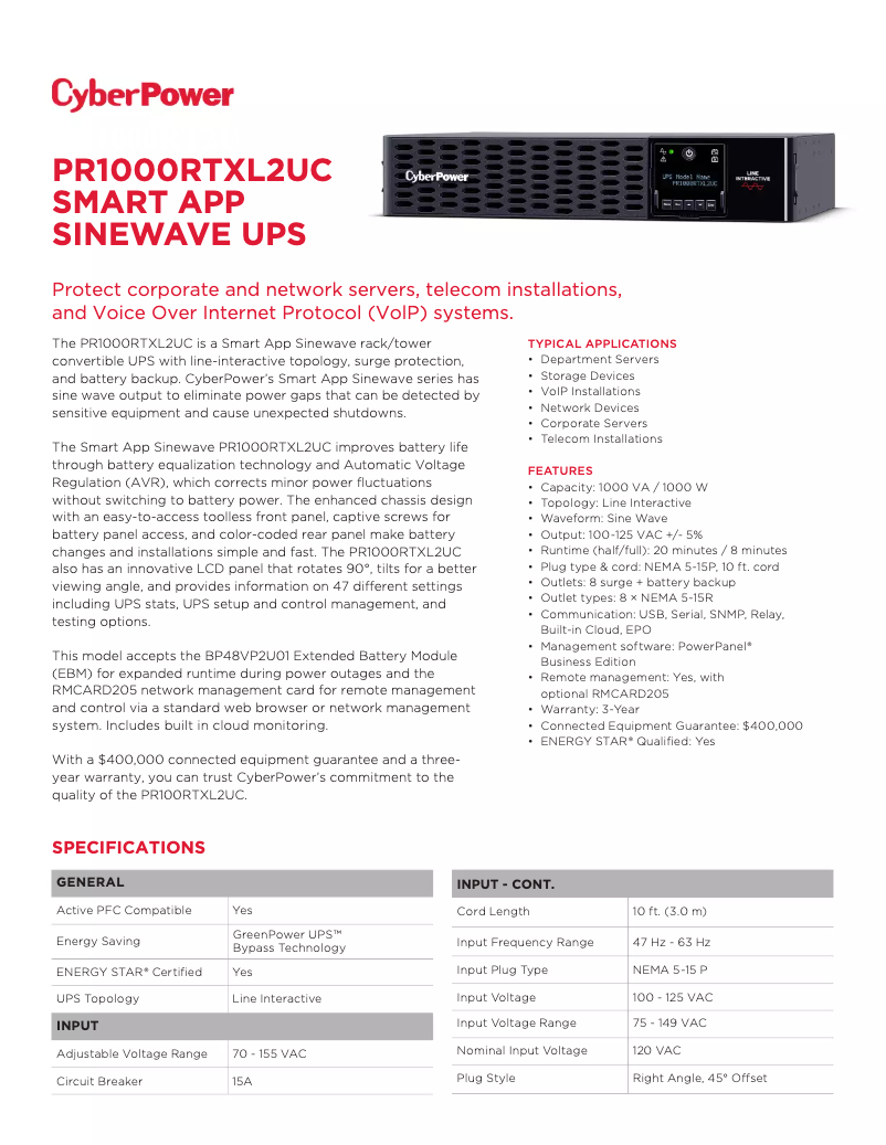 Página 1 del manual Ficha técnica CyberPower PR1000RTXL2UC