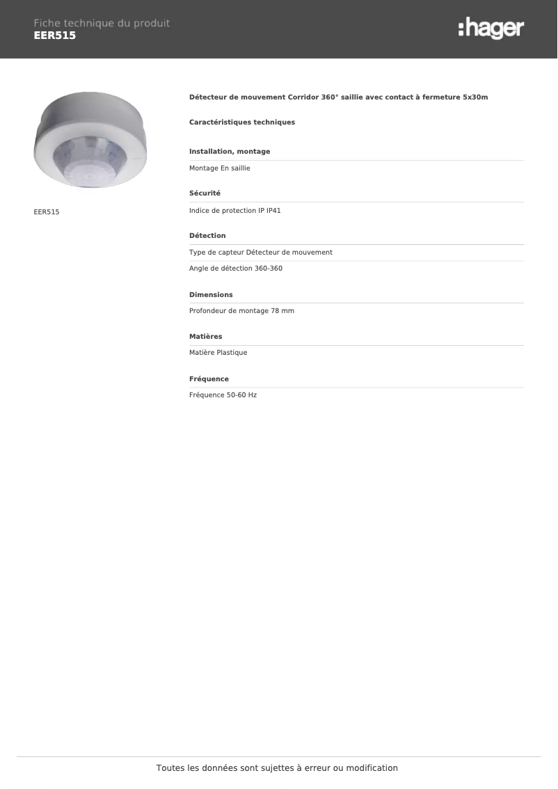 Página 1 del manual Ficha técnica Hager EER515