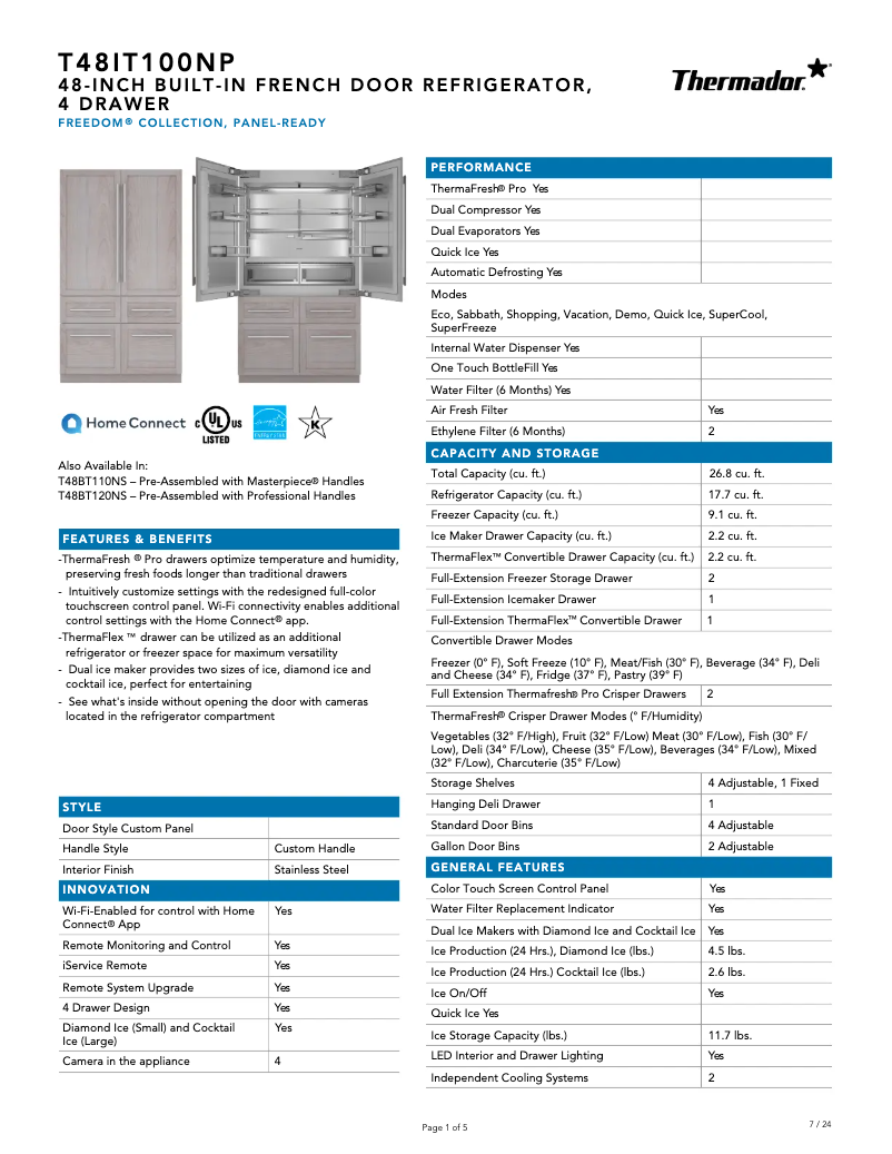 Página 1 del manual Ficha técnica Thermador T48IT100NP