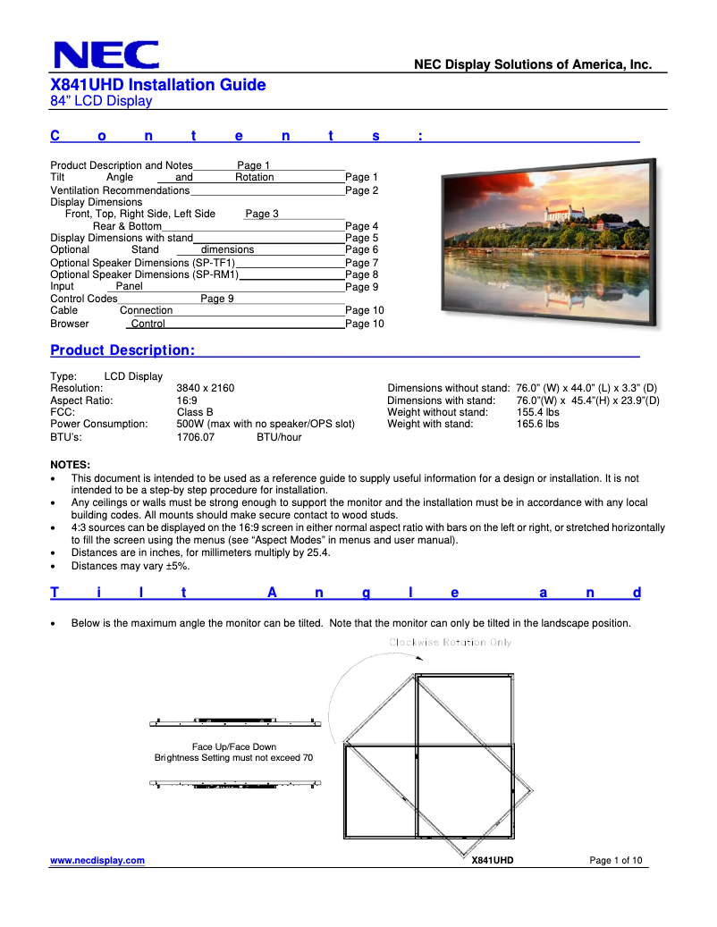 Imagen de la primera página del manual del dispositivo MultiSync X841UHD-AVT2