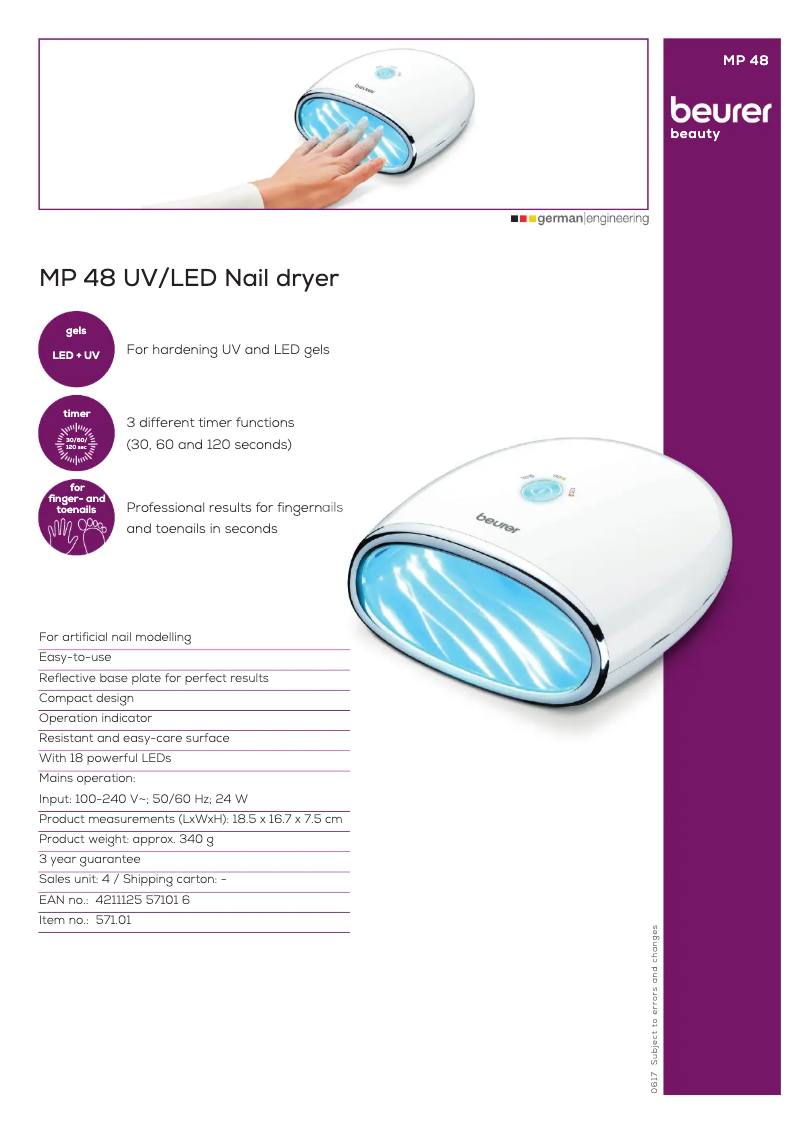 Página 1 del manual Ficha técnica Beurer MP 48