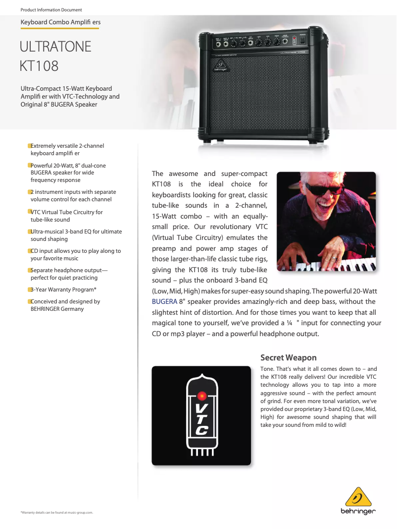 Página 1 del manual Ficha técnica Behringer Ultratone KT108