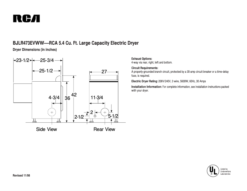 Página 1 del manual Ficha técnica RCA BJLR473EVWW