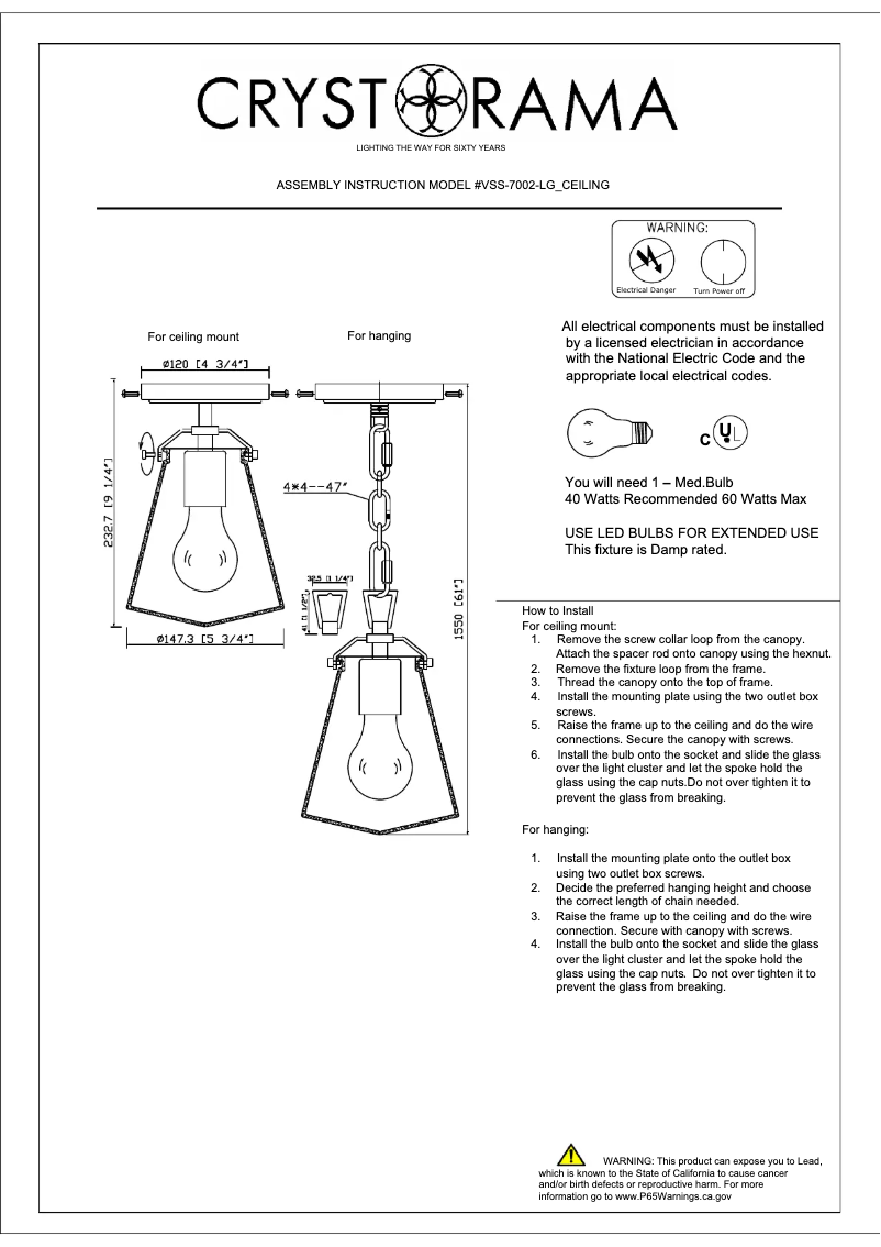 Página 1 del manual Manual de usuario Crystorama Voss VSS-7002-LG_CEILING