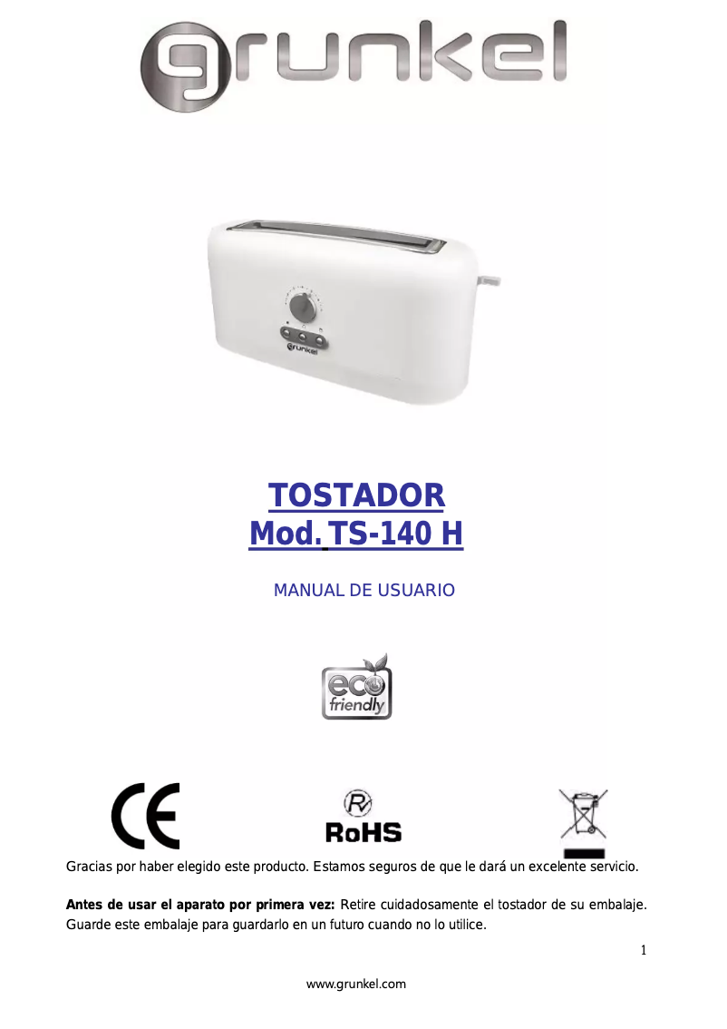 Página 1 del manual Manual de usuario Grunkel TS-140H