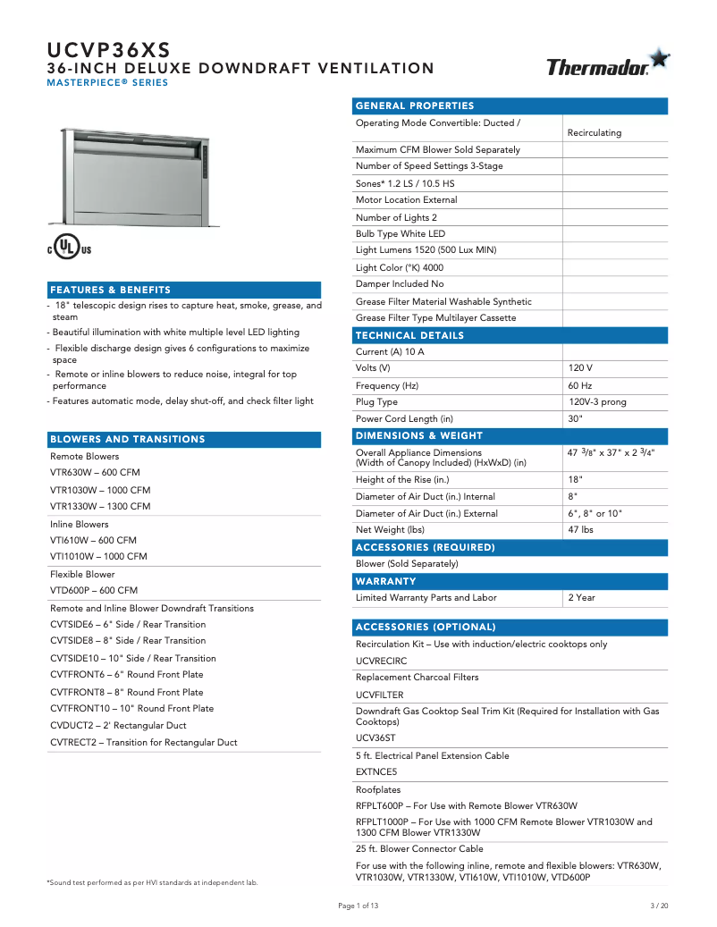 Página 1 del manual Ficha técnica Thermador UCVP36XS