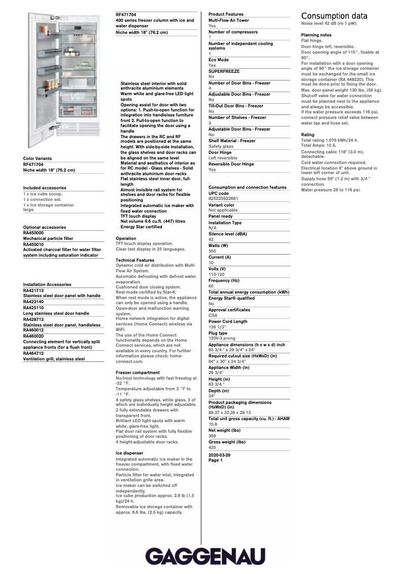Página 1 del manual Ficha técnica Gaggenau RF471704