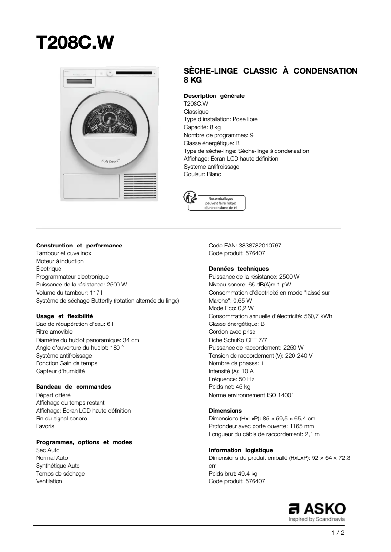 Página 1 del manual Ficha técnica Asko T208C