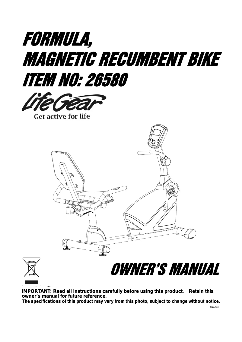 Imagen de la primera página del manual del dispositivo Formula Magnetic Recumbent Bike 26580