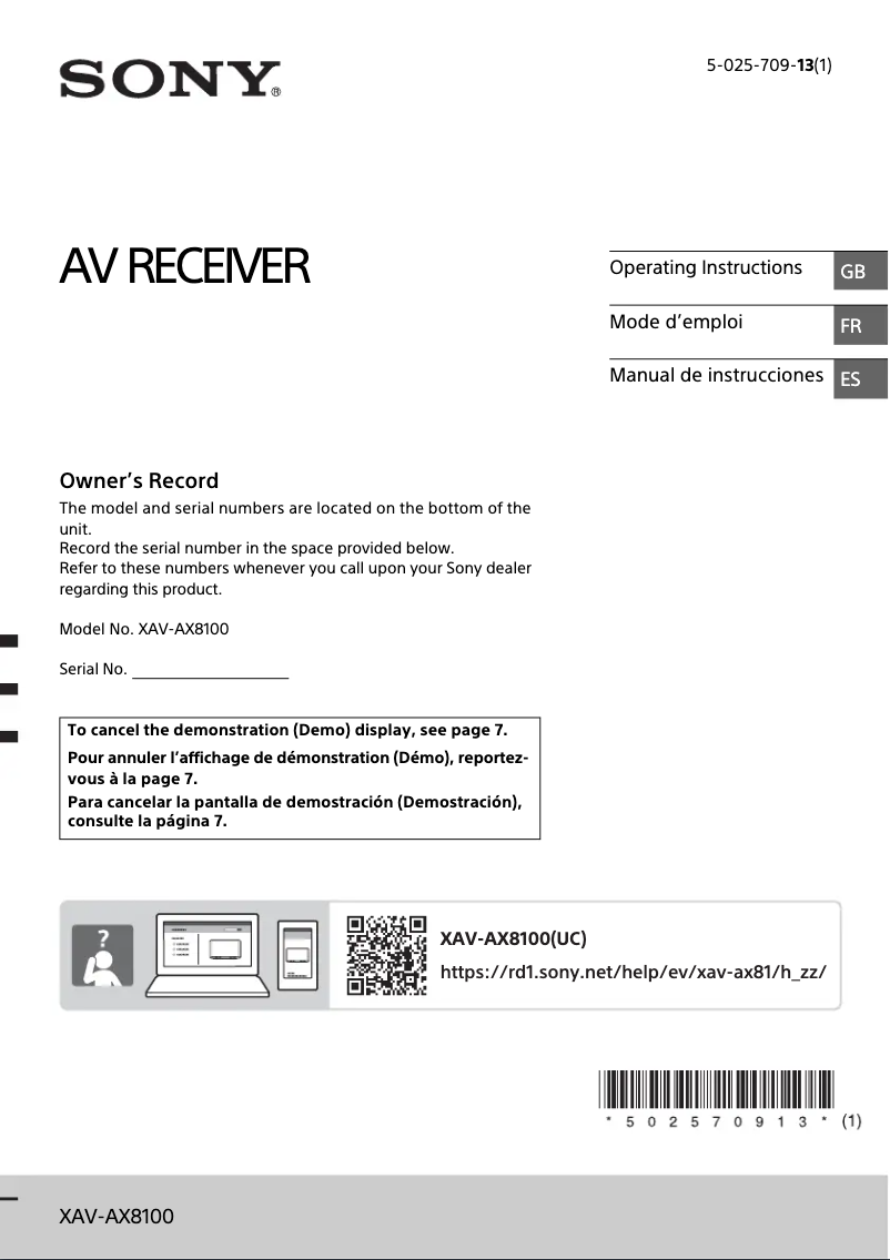 Imagen de la primera página del manual del dispositivo XAV-AX8100