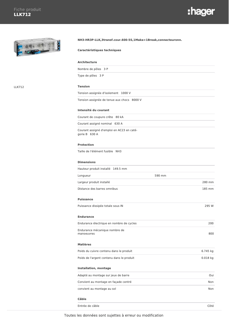 Página 1 del manual Ficha técnica Hager LLK712