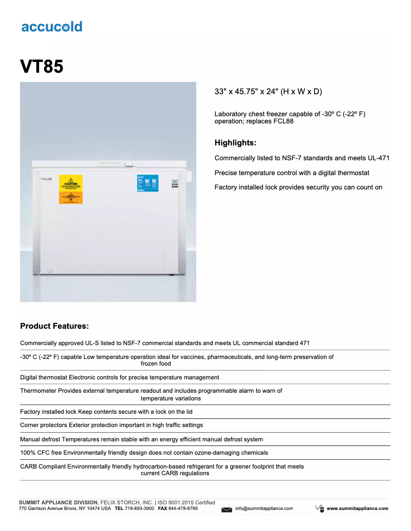 Página 1 del manual Ficha técnica Summit Accucold VT85