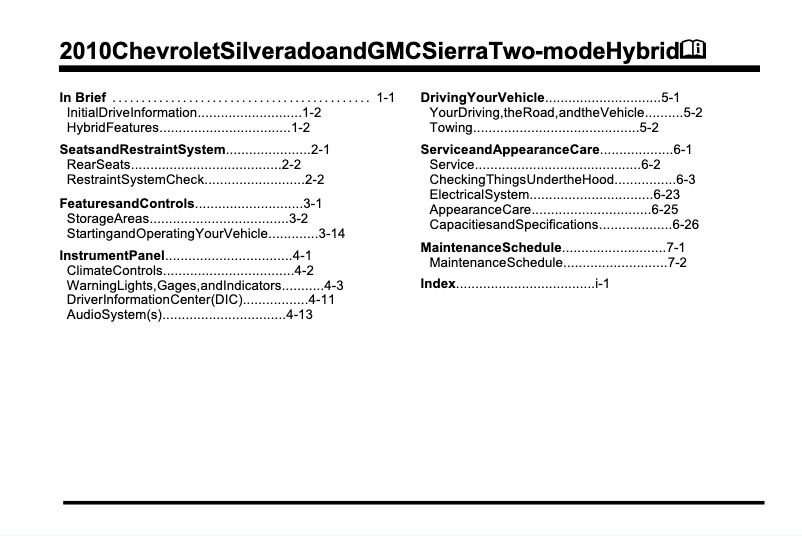 Imagen de la primera página del manual del dispositivo Silverado Hybrid (2010)