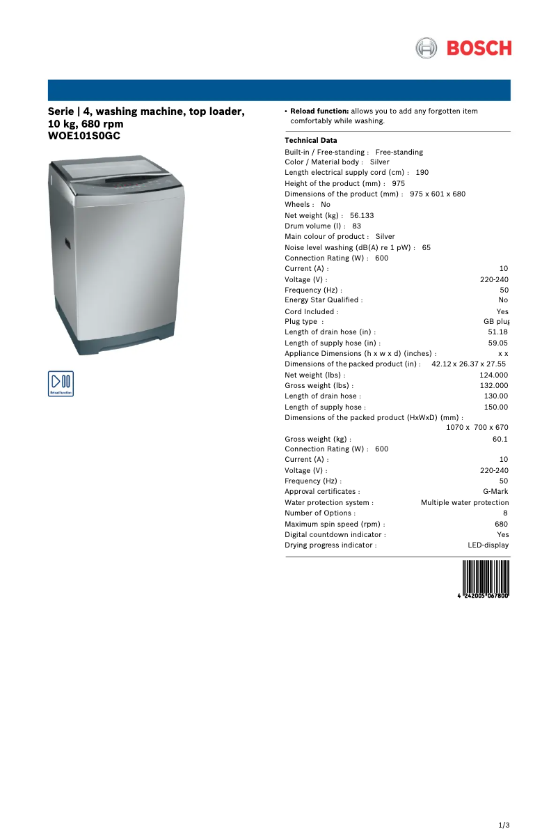 Página 1 del manual Ficha técnica Bosch WOE101S0GC