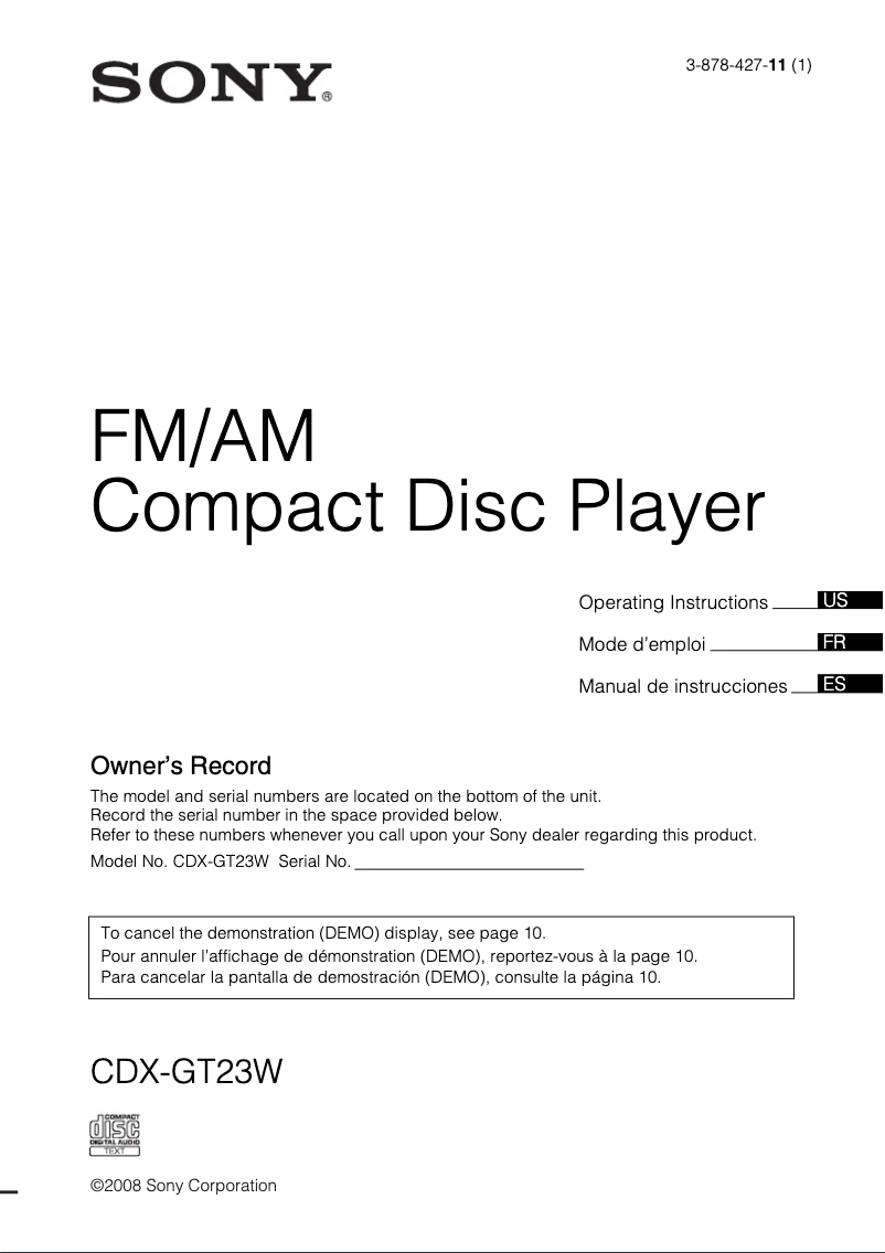 Imagen de la primera página del manual del dispositivo CDX-GT23W