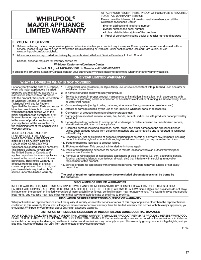 Página 1 del manual Información de garantía Whirlpool WMH78019HZ