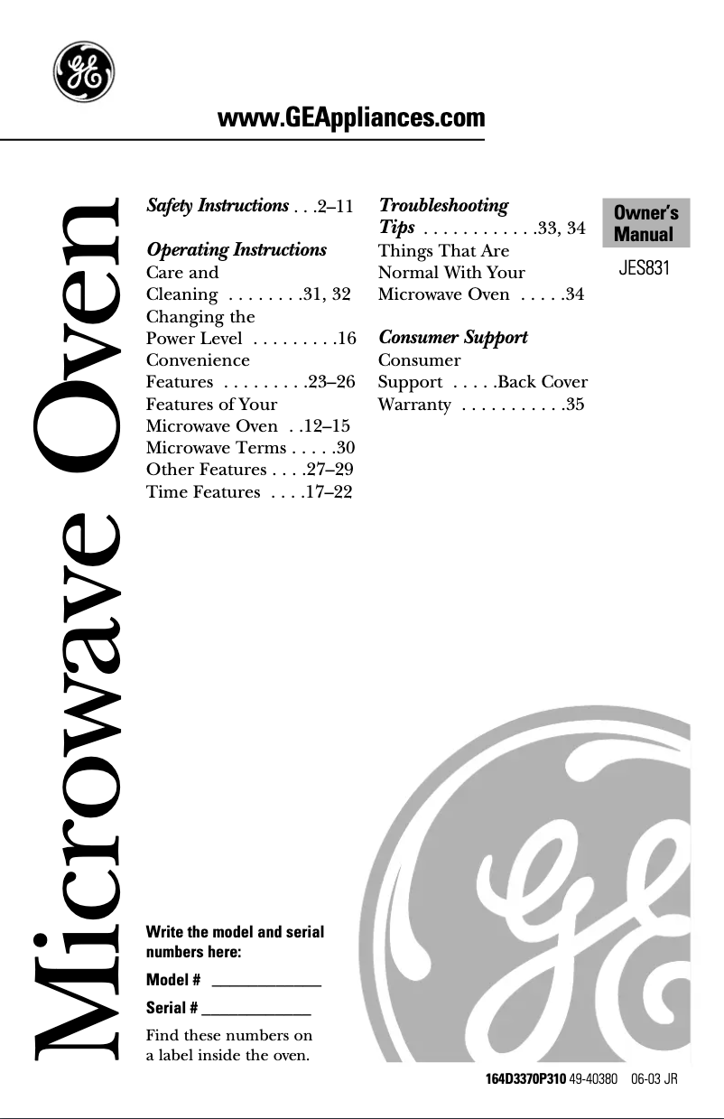 Imagen de la primera página del manual del dispositivo JES831WB