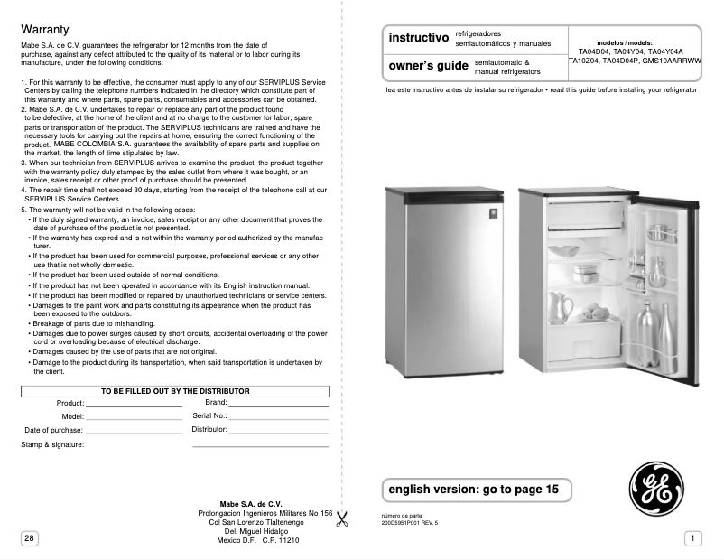 Página 1 del manual Manual de usuario GE TA04Y07