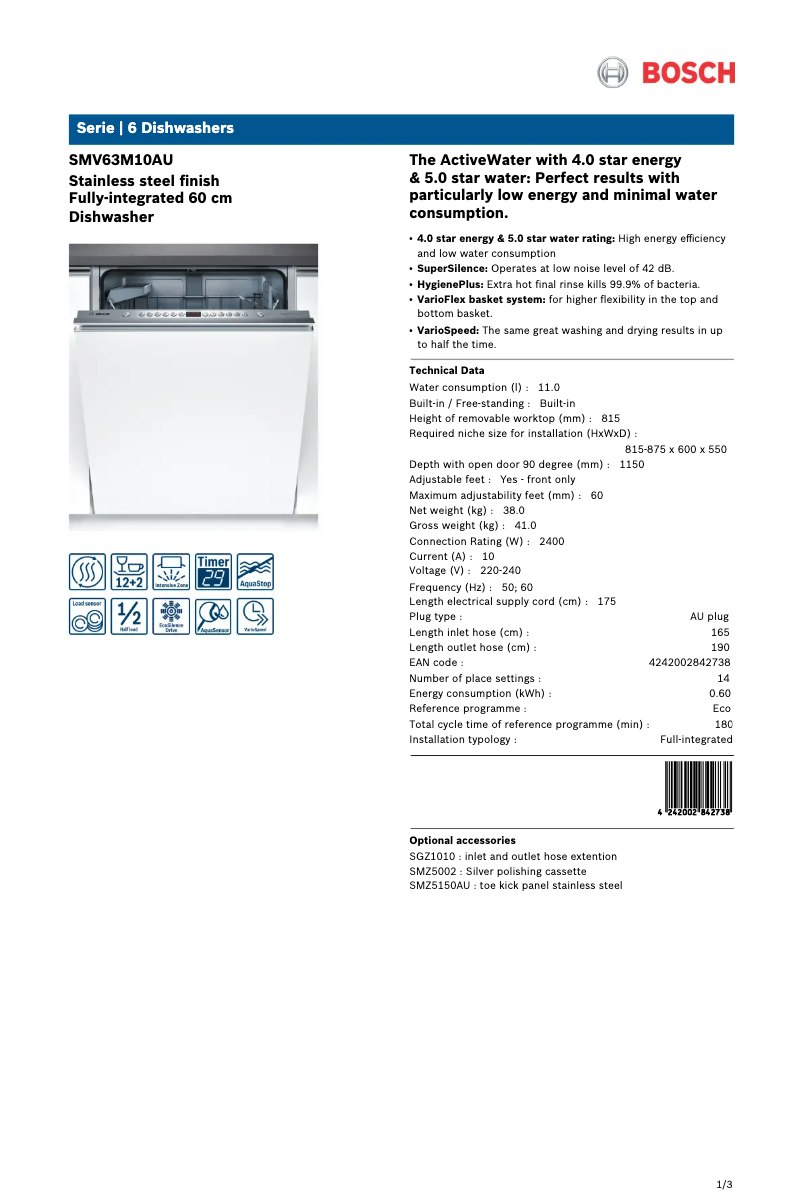 Página nº 1 - Ficha técnica Bosch SMV63M10AU
