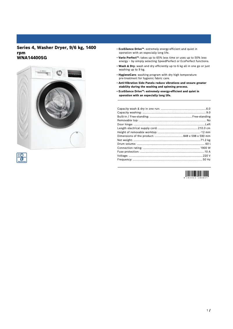 Página 1 del manual Ficha técnica Bosch WNA14400SG