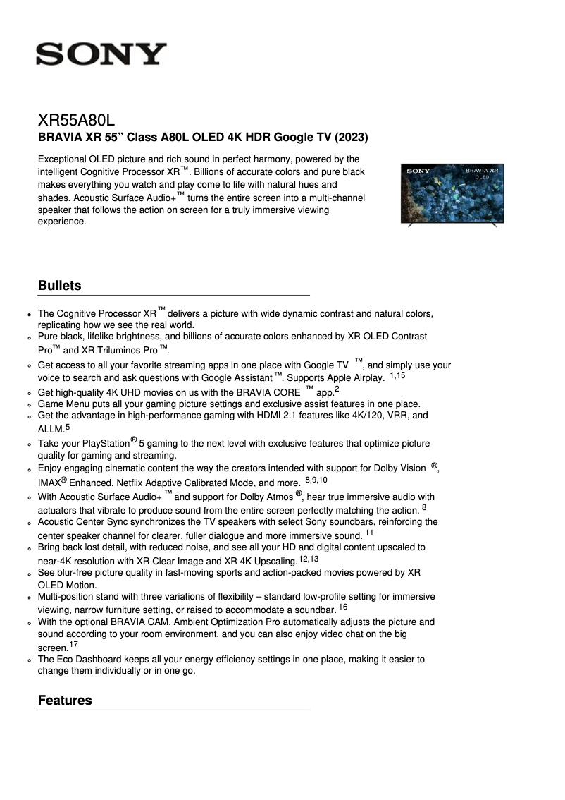 Imagen de la primera página del manual del dispositivo XR-55A80L