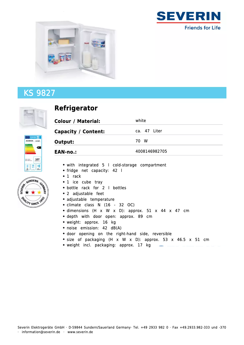 Página 1 del manual Ficha técnica Severin KS 9827