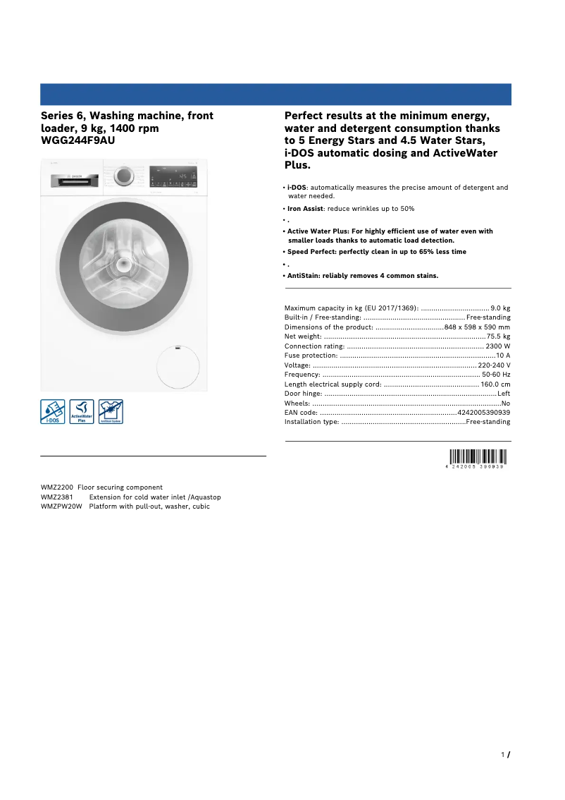 Página 1 del manual Ficha técnica Bosch WGG244F9AU