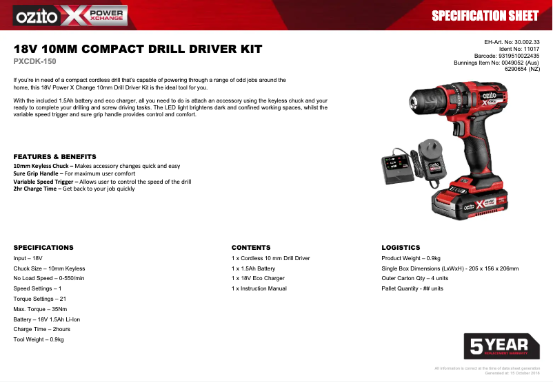 Página 1 del manual Ficha técnica Ozito PXCDK-150