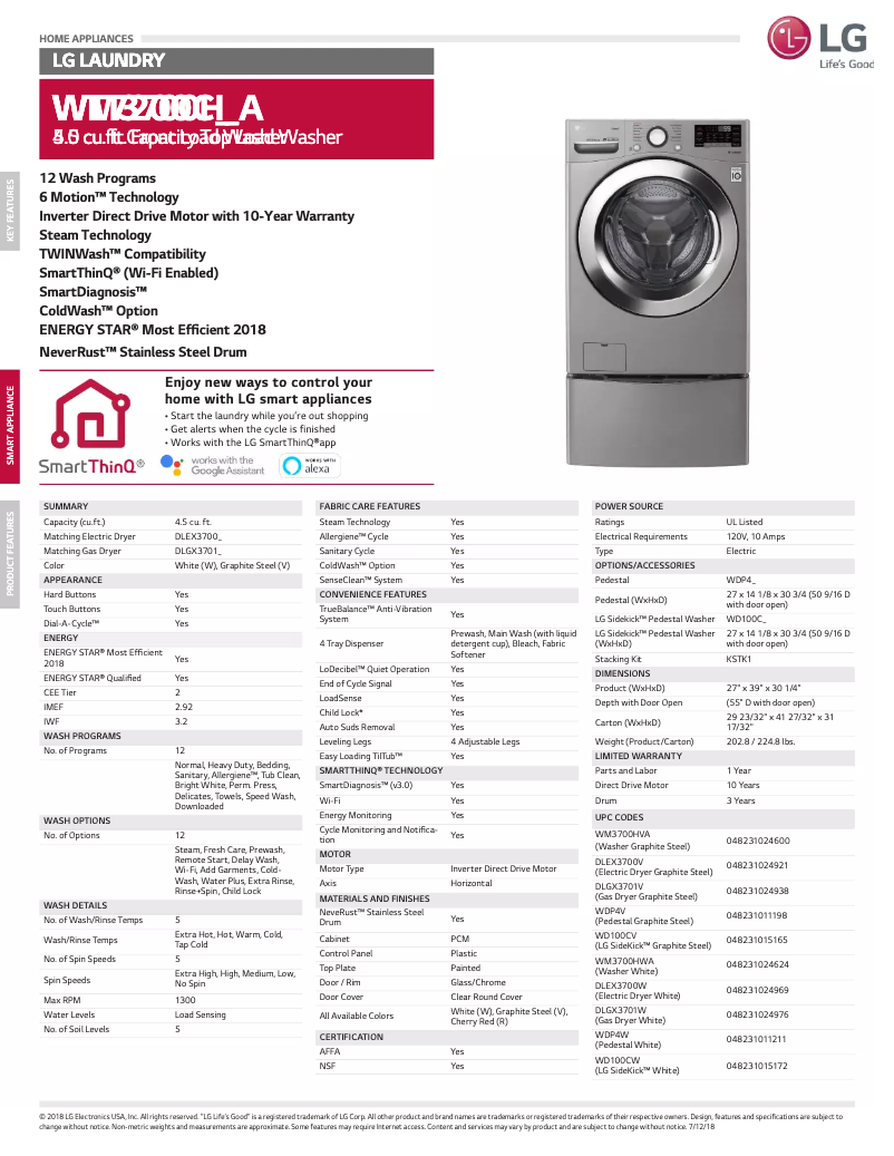 Página 1 del manual Ficha técnica LG WM3700HWA