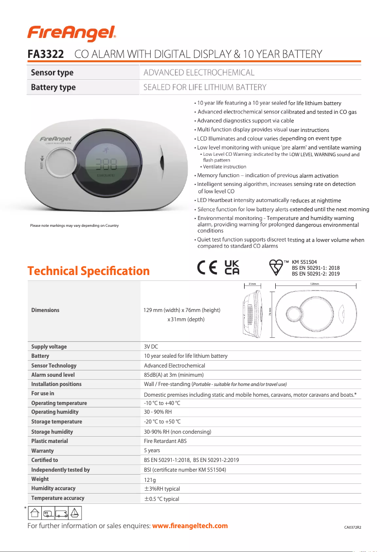 Página 1 del manual Ficha técnica FireAngel FA3322