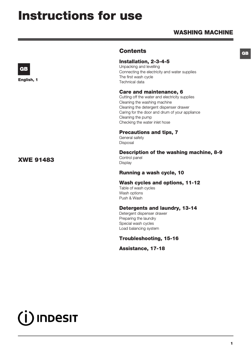 Página 1 del manual Manual de usuario Indesit XWE 91483X WKKK UK