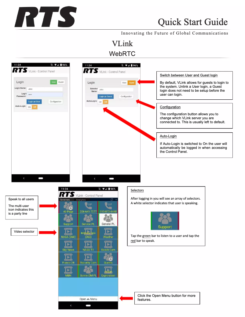 Página 1 del manual Guía de inicio rápido RTS VLink Control Panel