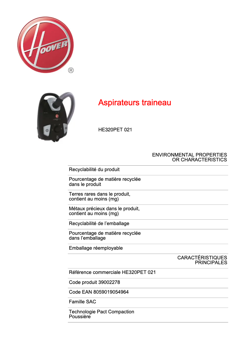 Página 1 del manual Ficha técnica Hoover HE320PET 021