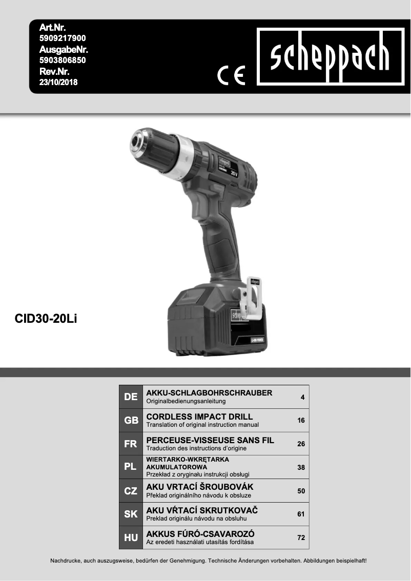 Página 1 del manual Manual de usuario Scheppach CID30-20Li