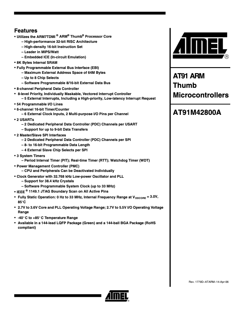 Imagen de la primera página del manual del dispositivo AT91M42800A