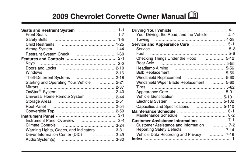 Página 1 del manual Manual de usuario Chevrolet Corvette (2009)