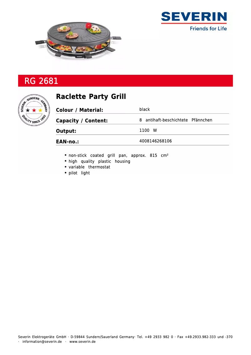 Página 1 del manual Ficha técnica Severin RG 2681